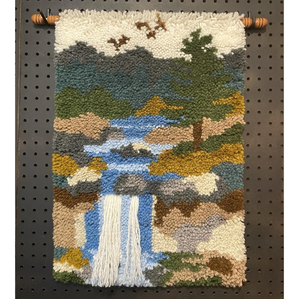 Vtg. Handmade Latch Hook Wall Hanging Waterfall Mountain Retro Wood Dowel Hanger